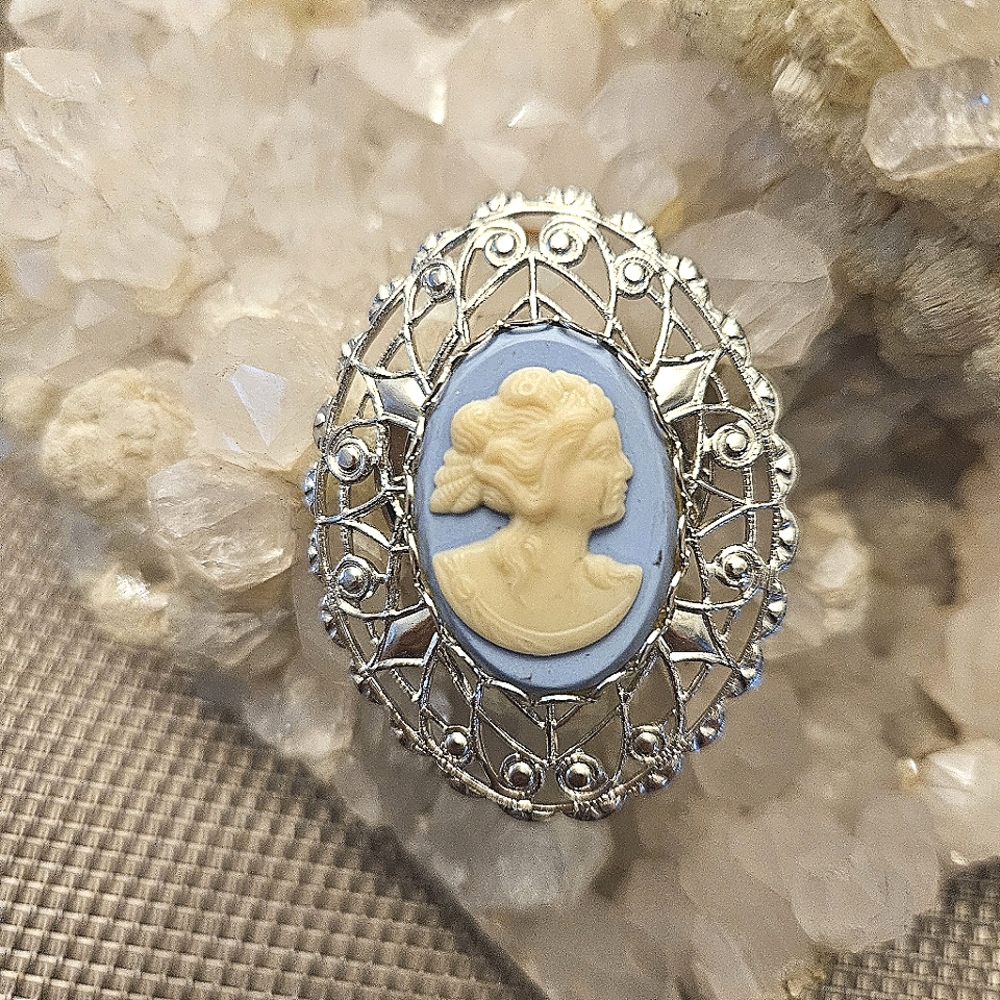 Vintage silvertone cameo dress clip victorian-style